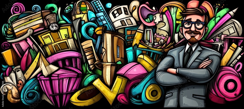 A colorful, abstract design featuring a man in a suit amidst vibrant shapes and buildings. A colorful, abstract design featuring a man in a suit amidst vibrant shapes and buildings.