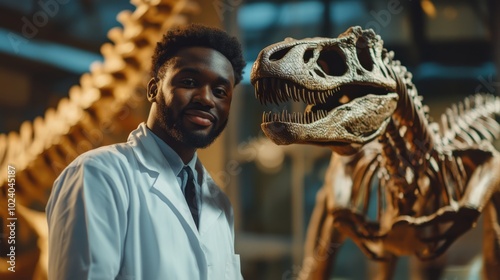 African american paleontologist standing next to a dinosaur at the museum on blurred background photo