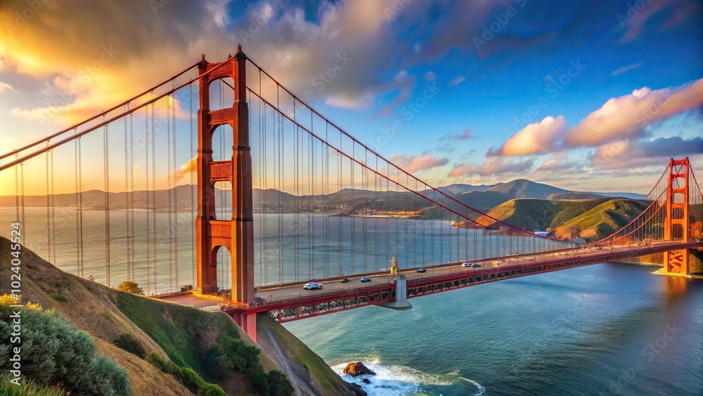 Obraz premium Iconic Golden Gate Bridge connecting San Francisco and Marin County Macro