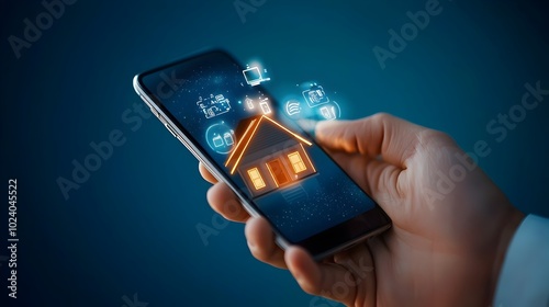 Futuristic smart home concept featuring person controlling various home systems like lighting security and more through a smartphone app Designed to showcase the convenience efficiency