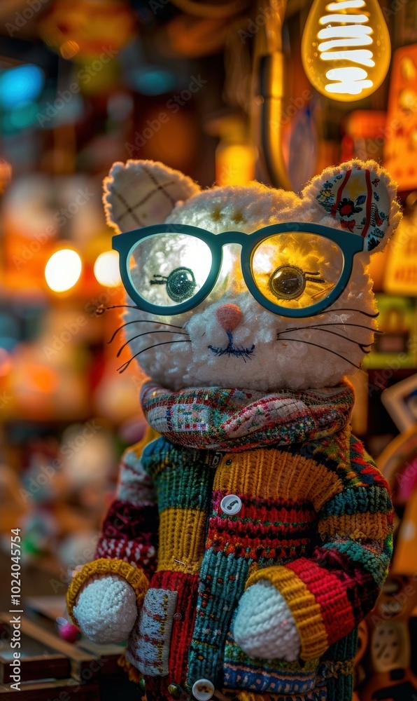 A knitted cat wearing glasses and a colorful sweater. AI. A knitted cat wearing glasses and a colorful sweater. AI.