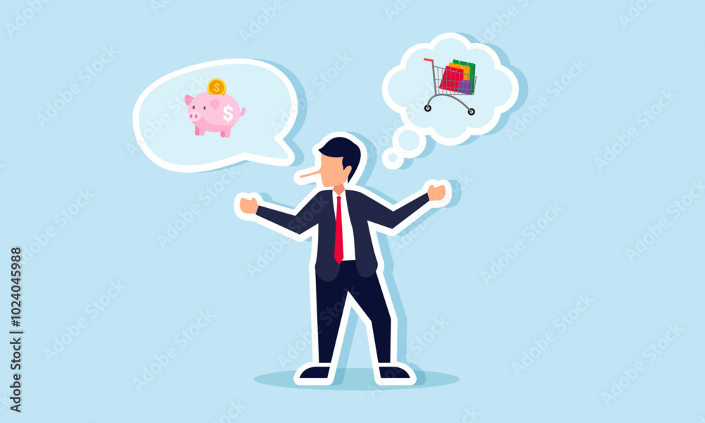 A businessman lies about finances while talking about a piggy bank, but his thoughts are on a shopping cart, illustrating deception in financial communication A businessman lies about finances while talking about a piggy bank, but his thoughts are on a shopping cart, illustrating deception in financial communication