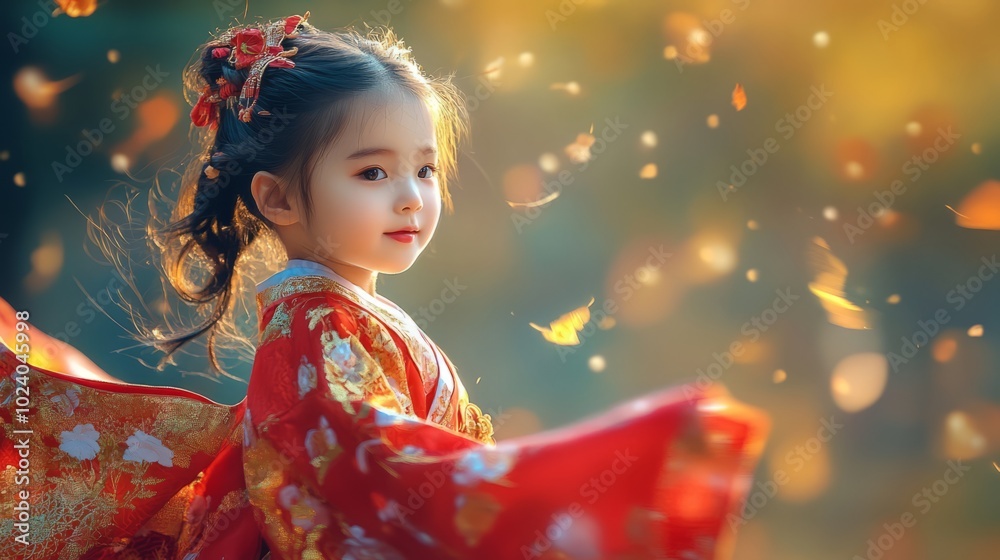 Cute little asian girl in traditional oriental clothes that flutter in the wind Cute little asian girl in traditional oriental clothes that flutter in the wind