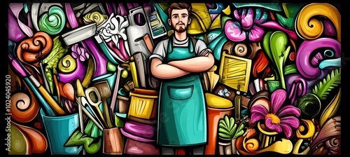 A colorful illustration of a man surrounded by various art supplies and plants.