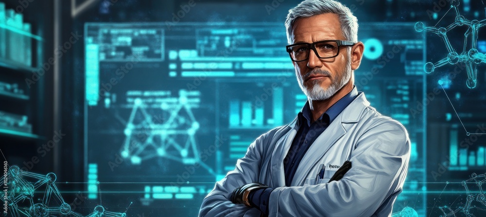 A scientist in a lab coat stands confidently amidst digital data and molecular structures. A scientist in a lab coat stands confidently amidst digital data and molecular structures.