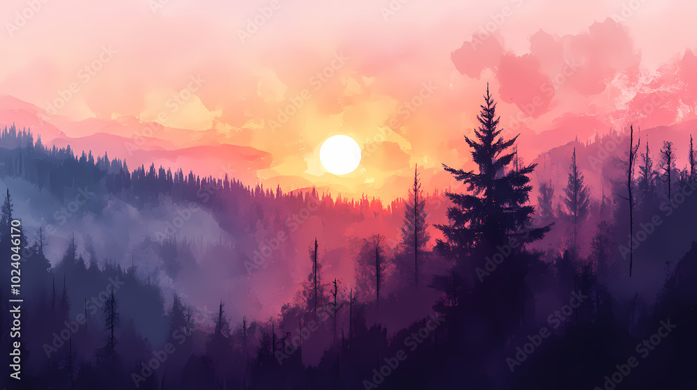Beautiful sunset or sunrise illustration digital art design, generative ai. Watercolor Landscape. Illustration