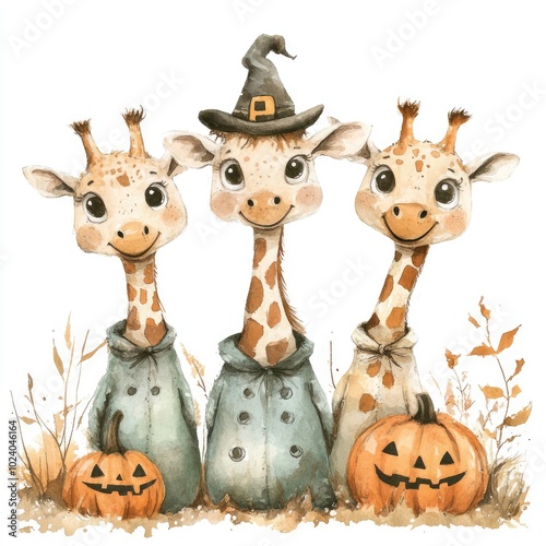 Wallpaper Mural Watercolor of Cute Three Giraffes in Halloween Costumes Torontodigital.ca