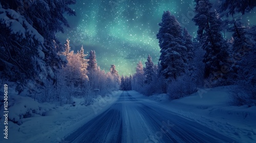 Enchanting Winter Road Under Northern Lights photo