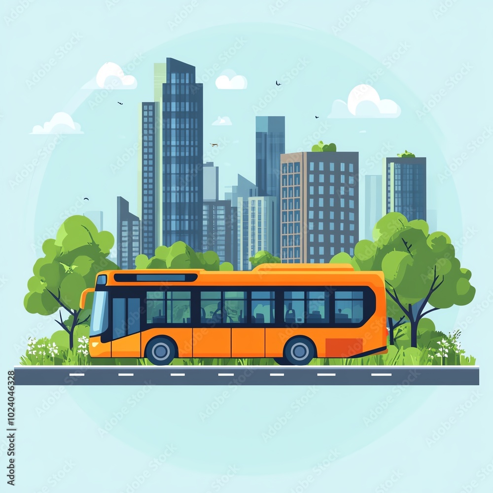 Colorful city bus parked in an urban landscape, surrounded by greenery and modern skyscrapers, symbolizing city life and transport. Colorful city bus parked in an urban landscape, surrounded by greenery and modern skyscrapers, symbolizing city life and transport.