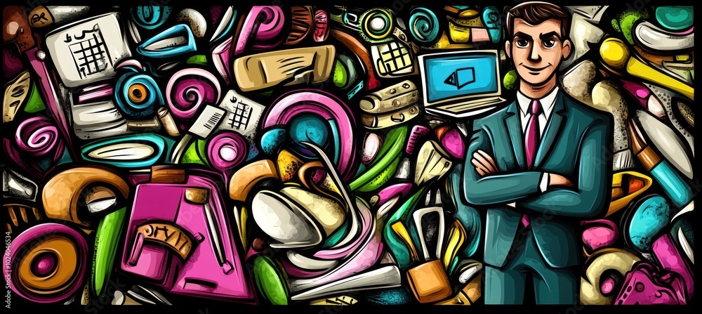 A colorful collage of office supplies and a businessman, symbolizing productivity and organization. A colorful collage of office supplies and a businessman, symbolizing productivity and organization.