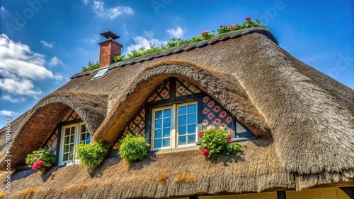 Idyllic thatched roof with decorations and a small window Low Angle