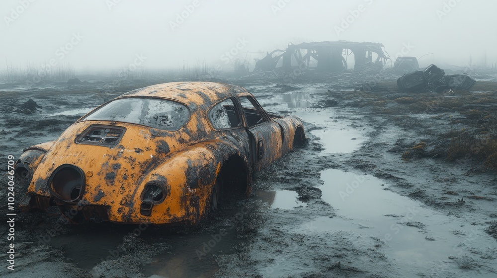 A rusty, yellow car sits partially submerged in mud with other car wreckage in the distance, on a foggy, desolate landscape. A rusty, yellow car sits partially submerged in mud with other car wreckage in the distance, on a foggy, desolate landscape.