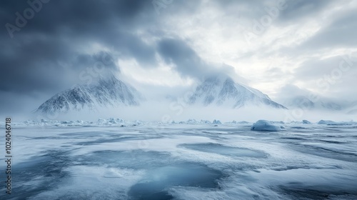 In the foreground is an icy landscape with snow-covered mountains under a dark