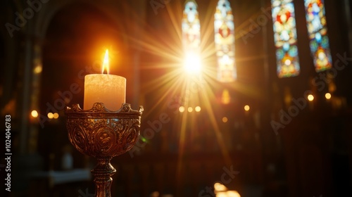 Lit candle in an ornate chalice in a dimly lit church interior with sunlight streaming through stained glass windows, evoking spirituality and reverence. Concept of faith, worship, and sacred space