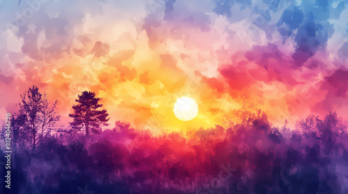 Beautiful sunset or sunrise illustration digital art design, generative ai. Watercolor Landscape. Illustration