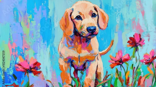 A colorful painting of a puppy surrounded by flowers against a vibrant background.