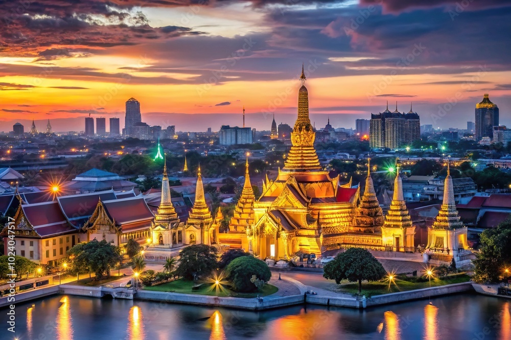 Obraz premium Illuminated temples in Bangkok at twilight, long exposure shot with beautiful lighting