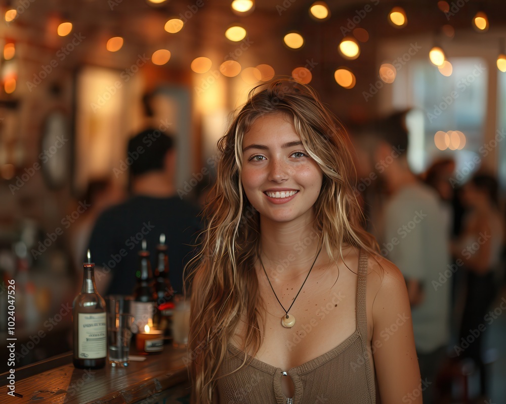 Happy Young Woman in Cozy Cafe with Warm Lights Happy Young Woman in Cozy Cafe with Warm Lights