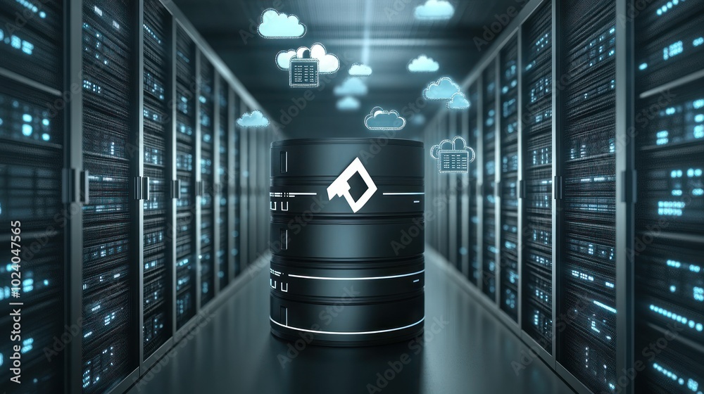 A digital representation of a database surrounded by server racks and cloud icons. A digital representation of a database surrounded by server racks and cloud icons.