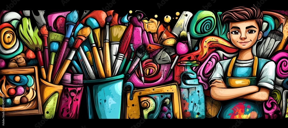 Obraz premium A colorful art scene featuring brushes, paint, and a young artist, showcasing creativity.
