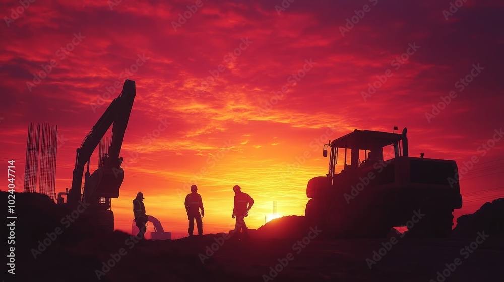 custom made wallpaper toronto digitalSilhouette of construction workers and heavy machinery against a vibrant sunrise sky. The image captures the essence of industrial progress and the energy of a new day on the job site