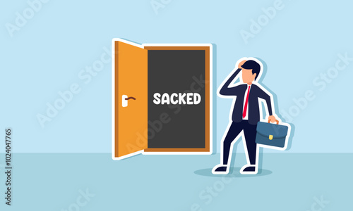 A businessman feels confused as he approaches a door labeled SACKED, illustrating the confusion that occurs when an employee is sacked