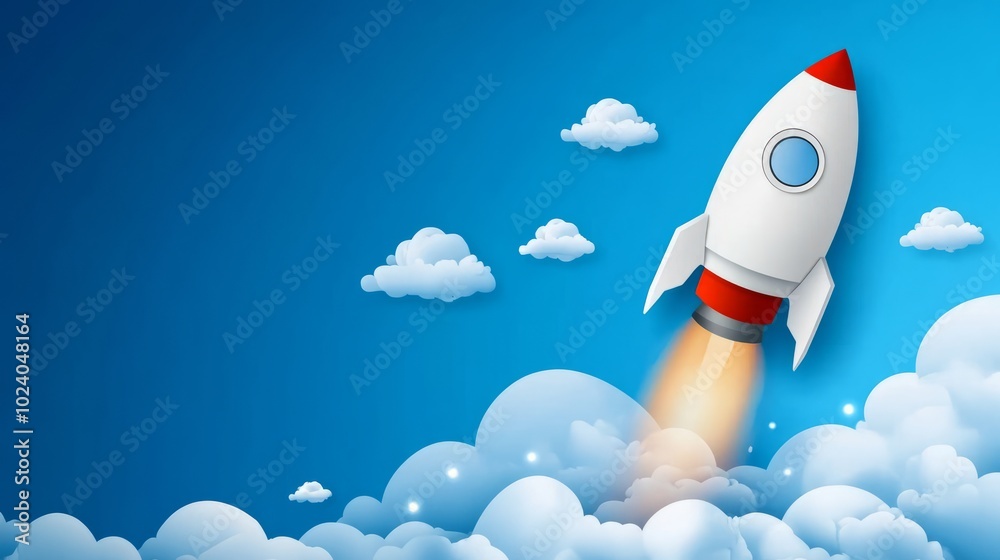 White rocket launching with clouds on blue background