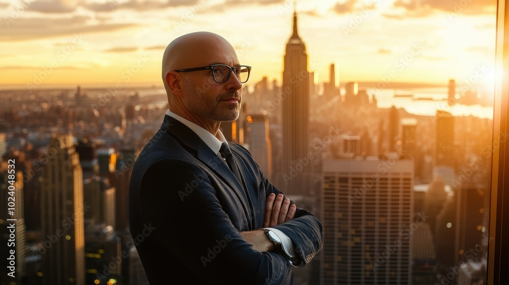 Portrait of mature businessman leader posing with hands folded in office, looking out window in deep thoughts planning Portrait of mature businessman leader posing with hands folded in office, looking out window in deep thoughts planning