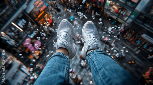 Feet wearing sneakers above a busy street photo