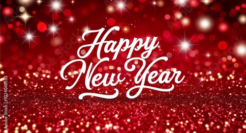 happy new year calligraphic lettering on red bokeh glitter festive sparkles background