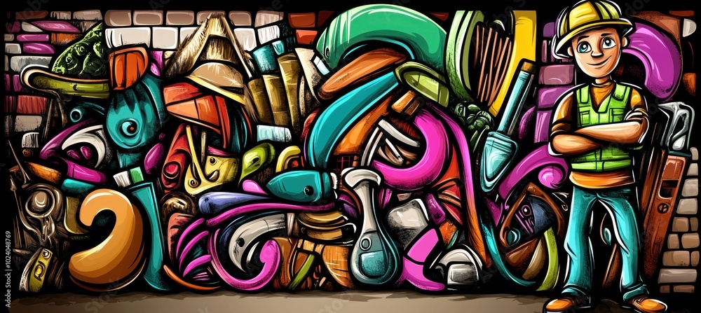 A colorful mural featuring construction tools and a worker, highlighting creativity in industry. A colorful mural featuring construction tools and a worker, highlighting creativity in industry.