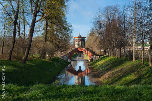 Cross bridge (Krestovy bridge) in the Alexander Park of Tsarskoye Selo on a sunny spring day, Pushkin, St. Petersburg, Russia photo