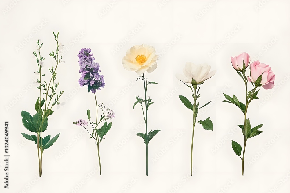 Five Delicate Flowers with Green Stems Against a White Background Five Delicate Flowers with Green Stems Against a White Background