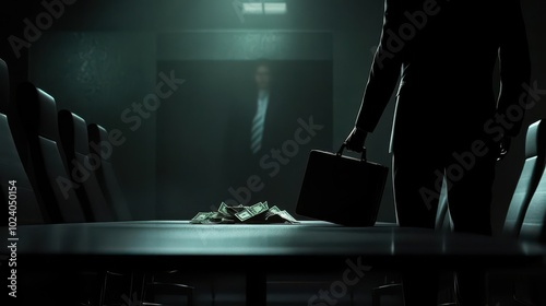 A shadowy figure handing over a briefcase full of money under a table in a dark boardroom, symbolic of hidden corruption in business