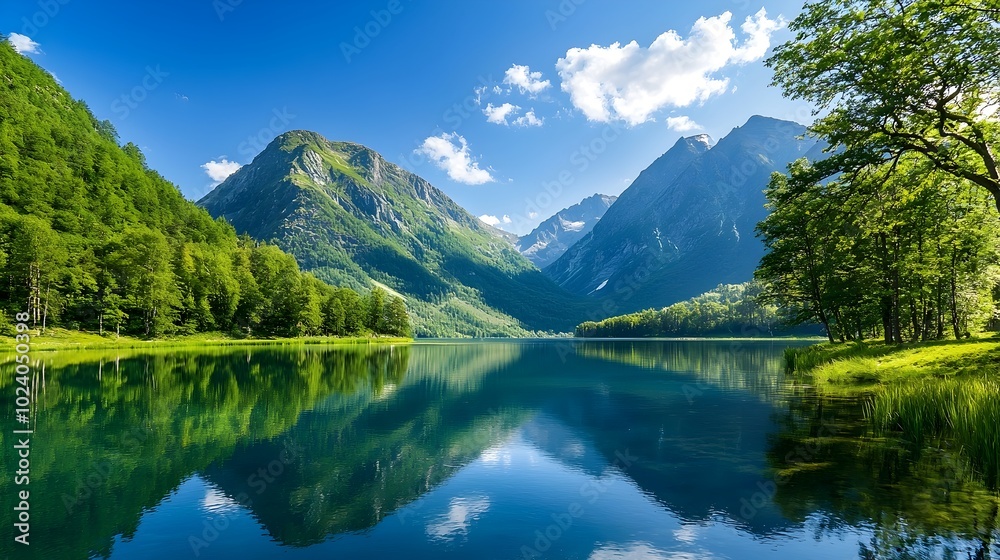 Breathtaking scenic view of a majestic mountain landscape with a calm reflective lake surrounded by lush Breathtaking scenic view of a majestic mountain landscape with a calm reflective lake surrounded by lush