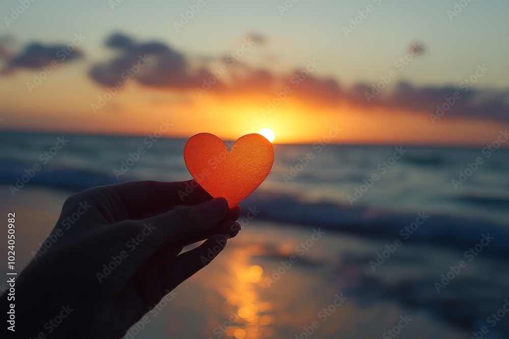 Fototapeta premium Red Heart Silhouette at Sunset with Ocean Background