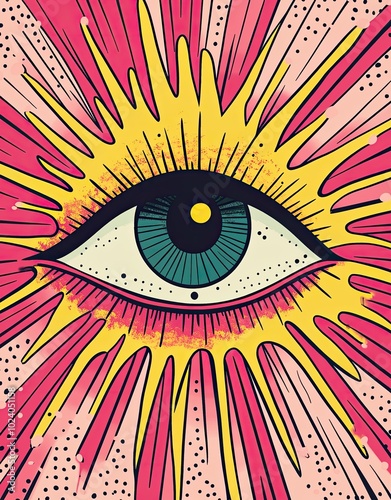 Vibrant Pop Art Style Eye Illustration with Bold Colors and Dynamic Patterns