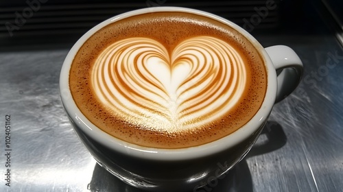 A cup of frothy cappuccino, with a perfect heart-shaped latte art on top.