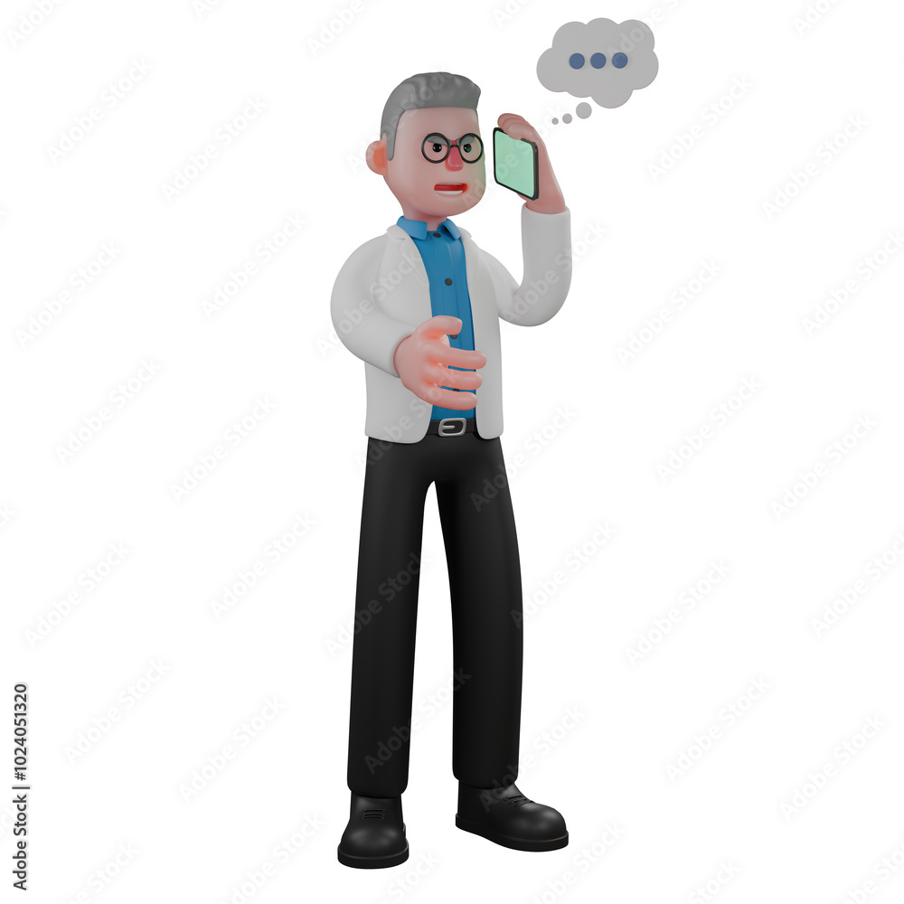 Physicist Character 3D. A male physicist stands with his left hand holding a cellphone and extending his right hand forward. Illustrated Male Cosmologist Physicist Character 3D. A male physicist stands with his left hand holding a cellphone and extending his right hand forward. Illustrated Male Cosmologist