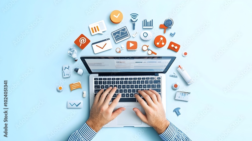 Digital Marketing Trends Concept with Hands Typing on Laptop Surrounded by SEO Social Media and Analytics Icons for Imagery Top View for a Clean Digital Marketing Trends Concept with Hands Typing on Laptop Surrounded by SEO Social Media and Analytics Icons for Imagery Top View for a Clean
