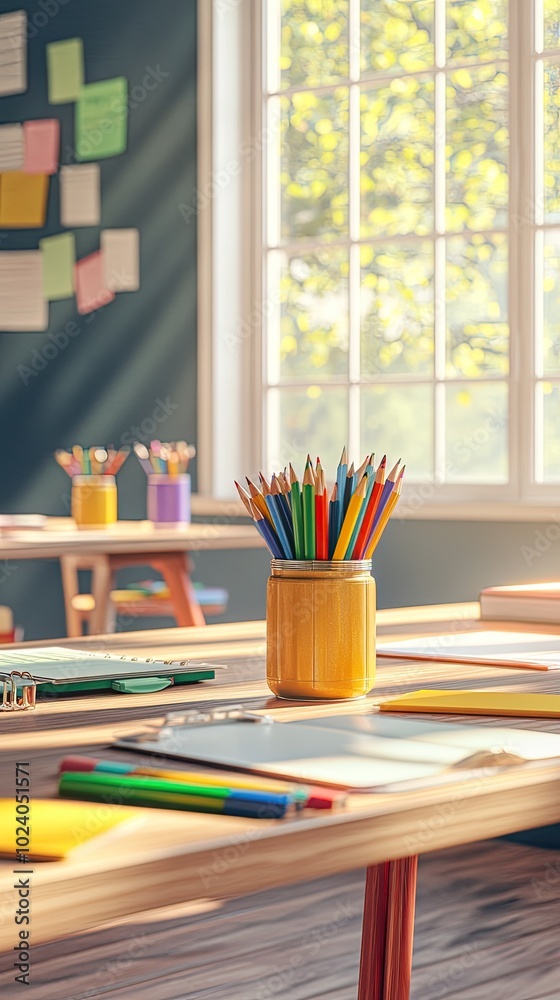 Sunlit Classroom with Colorful Pencils in Focus on Wooden Desk Near Large Window Sunlit Classroom with Colorful Pencils in Focus on Wooden Desk Near Large Window
