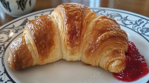 A French croissant, served with butter and homemade strawberry jam.