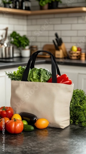 Fresh vegetables in a reusable bag on a kitchen counter with utensils photo