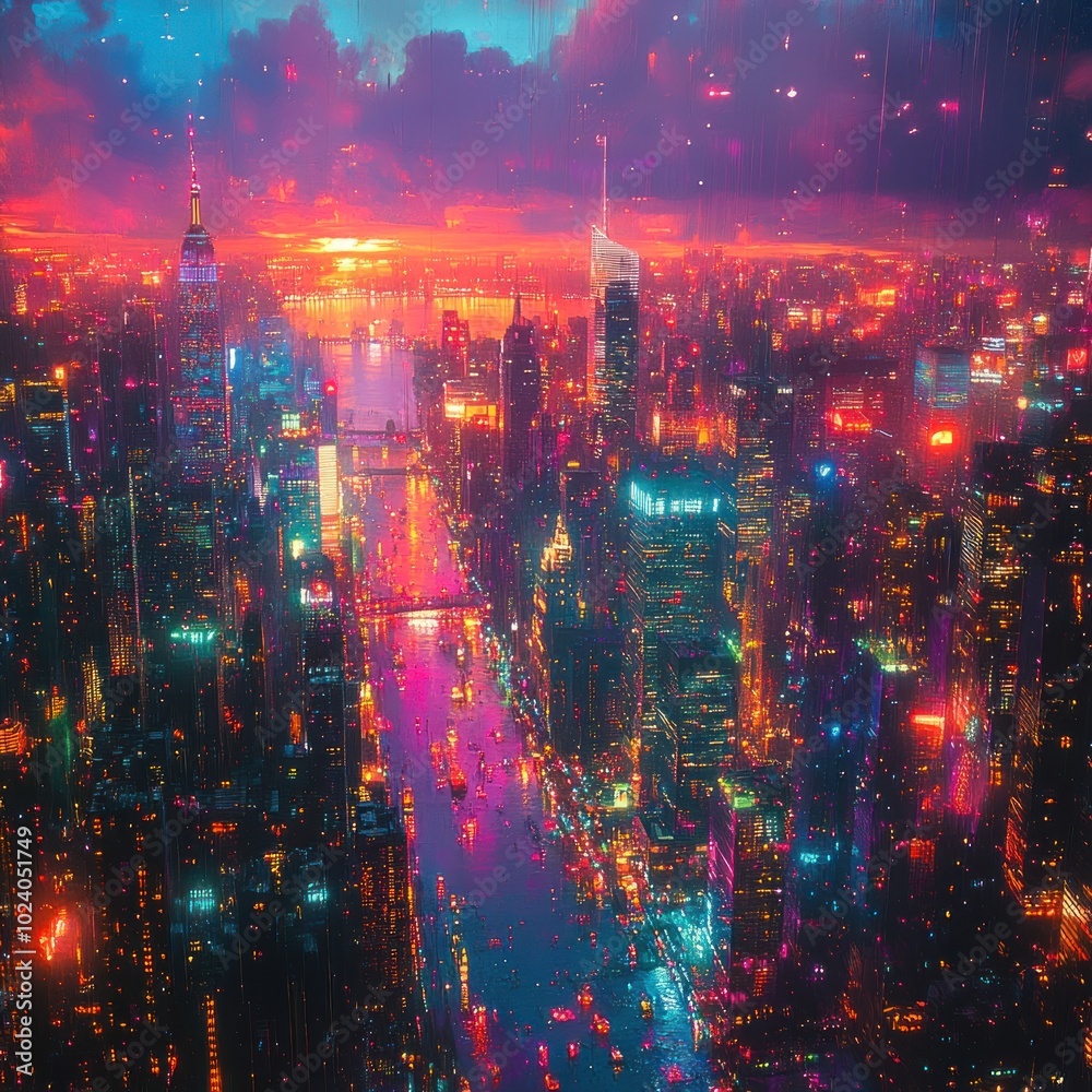 A futuristic cityscape with vibrant lights and a river running through it, with a pink sky in the distance. A futuristic cityscape with vibrant lights and a river running through it, with a pink sky in the distance.
