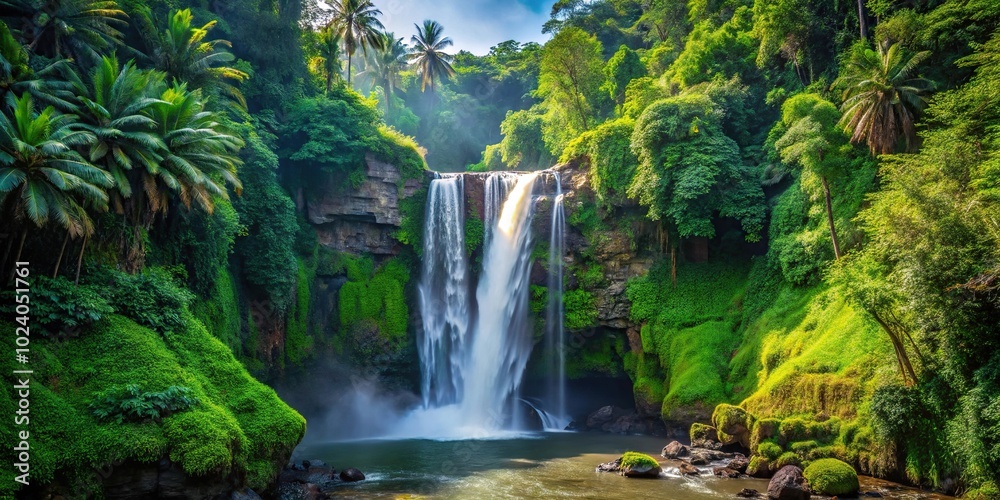 Impressive high waterfall deep in Bali jungle