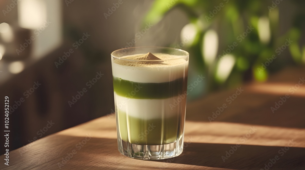 A glass of iced matcha latte, with layers of green matcha and creamy milk.


