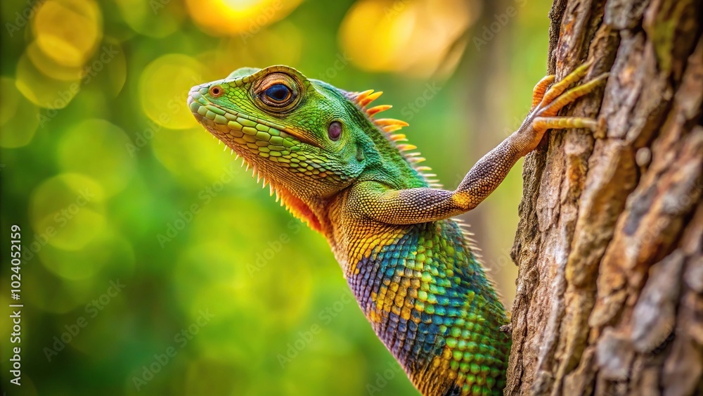 Fototapeta premium Indian chameleon climbing on tree aerial view