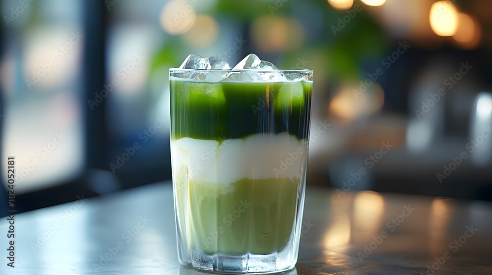 A glass of iced matcha latte, with layers of green matcha and creamy milk.
A glass of iced matcha latte, with layers of green matcha and creamy milk.