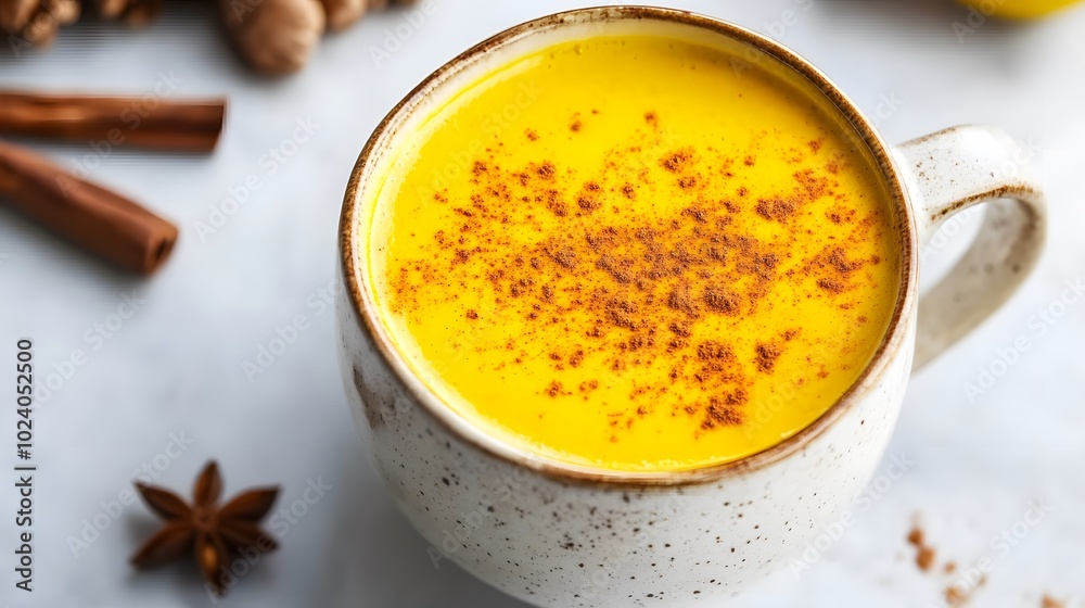 A golden turmeric latte, served with a sprinkle of cinnamon on top.


