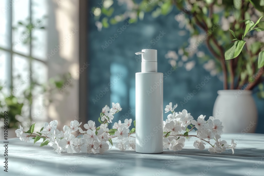 White Pump Bottle Mockup with Cherry Blossom Branch on Table White Pump Bottle Mockup with Cherry Blossom Branch on Table